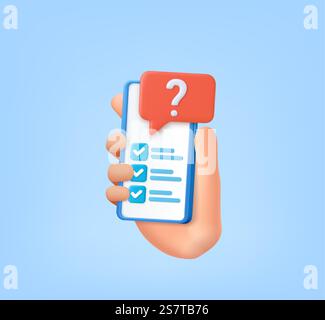 3d task management todo check list with mobile phone, form vote in phone, survey, feedback, questionnaire, mark choice in document. exam checklist 3d icon. 3d rendering. Vector illustration. 3d task management todo check Stock Vector