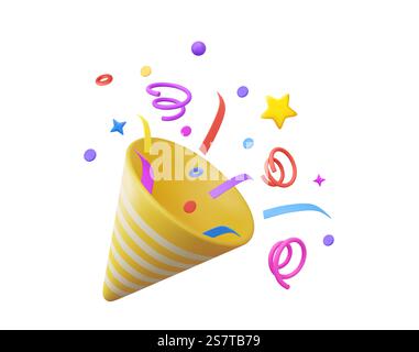 3D Party popper with explosion confetti. Birthday surprise. Firecracker with serpentine. Holiday and event celebration. 3d rendering. Vector illustration. 3D Party popper Stock Vector