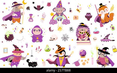 Wizard animals and magic elements. Isolated fantasy witch, wizards in mantle and hats. Poison bottles, magical game nowaday vector clipart of wizard fantasy magic element illustration. Wizard animals and magic elements. Isolated fantasy witch, wizards in mantle and hats. Poison bottles, magical game nowaday vector clipart Stock Vector