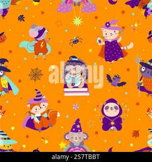 Halloween seamless pattern with animals in costumes. Autumn party fabric print, magiz animal and wizard. Fairy tale nowaday vector background cute halloween holiday illustration. Halloween seamless pattern with animals in costumes. Autumn party fabric print, magiz animal and wizard. Fairy tale nowaday vector background Stock Vector