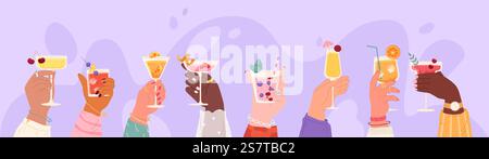 Friends hands holding cocktails. Mojito and margarita, cheers banner. Summer pool drink party, glass on wine and cocktail, snugly vector concept. Illustration of cocktail bar mojito. Friends hands holding cocktails. Mojito and margarita, cheers banner. Summer pool drink party, glass on wine and cocktail, snugly vector concept Stock Vector