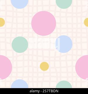 Polka dots with gingham seamless pattern. Circle pastel colors confetti endless background. Colorful chaotic spots continuous ornament. Surface design Stock Vector