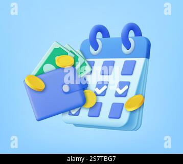 3D Calendar with Wallet and Money Coin. Check in every day and get bonus and cash prize. Plan payment concept. 3d rendering. Vector illustration. 3D Calendar with Wallet and Money Coin. Stock Vector