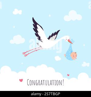 Baby shower congratulations printable card. Cartoon stork bring cute newborn baby. Flying bird and child, boy or girl party, nowaday vector banner of greeting birth baby illustration. Baby shower congratulations printable card. Cartoon stork bring cute newborn baby. Flying bird and child, boy or girl party, nowaday vector banner Stock Vector