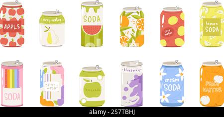 Drinks in cans, different soda beverage can. Juicy limonade packaging design, fizzy soft refreshing juice. Summer party, cartoon vector clipart. Illustration of beverage soda drink, metal container. Drinks in cans, different soda beverage can. Juicy limonade packaging design, fizzy soft refreshing juice. Summer party, cartoon snugly vector clipart Stock Vector