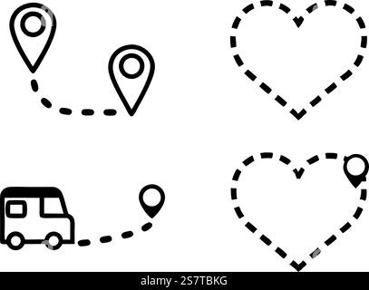 Line art icon set of dashed paths in heart shapes, vehicle routes, and navigation elements, ideal for maps and travel design projects Stock Vector