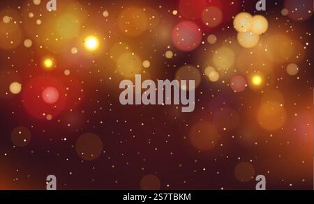 Glowing yellow bokeh circles, sparkling golden dust abstract gold luxury background decoration. Red and orange holiday bokeh. Abstract Christmas background. Vector illustration. Glowing bokeh background Stock Vector