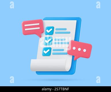 3d clipboard task plan management todo check list with bubble, efficient work on project plan, fast progress, level up concept. 3d rendering. Vector illustration. 3d clipboard task plan management Stock Vector
