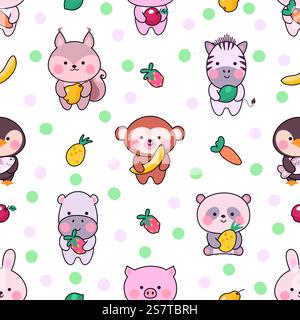 Cute animals seamless pattern. Kawaii animal funny fabric print design. Baby texture, cartoon korean japanese characters. Nowaday vector graphic of kawaii animal background pattern illustration. Cute animals seamless pattern. Kawaii animal funny fabric print design. Baby texture, cartoon korean japanese characters. Nowaday vector graphic Stock Vector