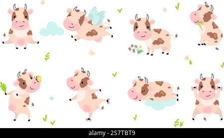 Cartoon cow. Funny cows, animals in different activity. Milk farm mammal animal characters. Isolated cattle, childish nowaday vector set of cartoon cow farm illustration. Cartoon cow. Funny cows, animals in different activity. Milk farm mammal animal characters. Isolated cattle, childish nowaday vector set Stock Vector