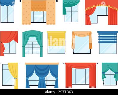 Window curtains and blinds. Isolated windows with fabric decor, flat interior decorative design. Modern and retro drapes decent vector set of window design curtain illustration. Window curtains and blinds. Isolated windows with fabric decor, flat interior decorative design. Modern and retro drapes decent vector set Stock Vector
