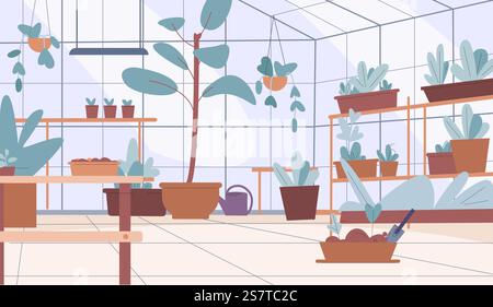 Empty greenhouse interior. Location with plants in pots, fresh greens and tiny tree in boxes. Gardening and planting, agriculture vector scene of interior greenhouse. Empty greenhouse interior. Location with plants in pots, fresh greens and tiny tree in boxes. Gardening and planting, agriculture vector scene Stock Vector