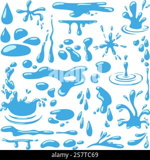 Cartoon water puddles and drops, blue drop falling and splashing. Poodle tear, isolated splashes, puddle and rain. Neoteric vector clipart. Illustration of liquid droplet aqua. Cartoon water puddles and drops, blue drop falling and splashing. Poodle tear, isolated splashes, puddle and rain. Neoteric vector clipart Stock Vector