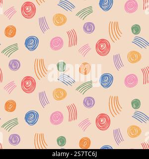 Polka dots seamless pattern crayon drawn. Circle confetti endless background. Birthday round points by pencil repeat cover. Scribble spots marker draw Stock Vector