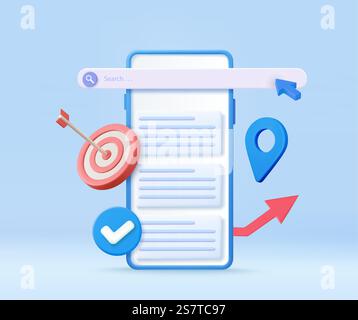 3D Search engine on smartphone screen with a target and local pin location icon. SEO Optimization Marketing Strategy. Finding information online concept. 3d rendering. Vector illustration. 3D SEO Optimization, stock trading, Stock Vector