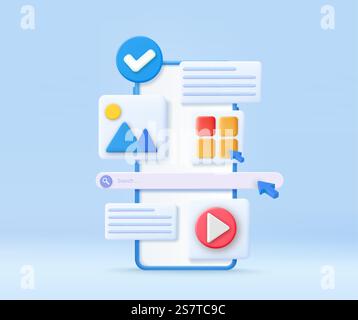 3D Search engine on smartphone screen. SEO Optimization, Finding information online concept. 3d rendering. Vector illustration. 3D SEO Optimization, stock trading, Stock Vector