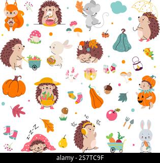 Hello autumn elements. Cartoon mushroom, pumpkin and animals. Hedgehog, bunny and cute fox. Harvest time, cozy fall nowaday vibrant vector clipart of bunny and fox, mushroom or hedgehog illustration. Hello autumn elements. Cartoon mushroom, pumpkin and animals. Hedgehog, bunny and cute fox. Harvest time, cozy fall nowaday vibrant vector clipart Stock Vector