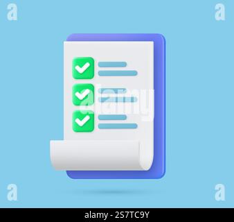 Checklist on 3d clipboard paper. Document in test form with check marks and stripes abstract questions. Questionnaire with notes. Clipboard and check marks. vector illustration.. Clipboard and check marks Stock Vector