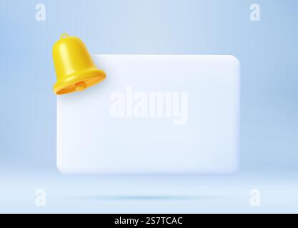 3d render Empty reminder popup, push notification icon with Cute yellow bell. 3D Model render for design. Email web symbol, mobile phone app, template, copy space. Vector illustration. Notification 3D icon. Stock Vector