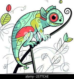 Cute chameleon on the tree branch. Vector illustration. Stock Vector