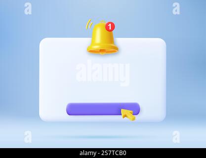3d render Empty reminder popup, push notification icon with Cute yellow bell. 3D Model render for design. Email web symbol, mobile phone app, template, copy space. Vector illustration. Notification 3D icon. Stock Vector
