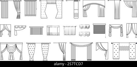Line curtains for door, window or stage. Windows decorations, outline blinds and curtain. Various fabric interior design, indoor decent vector elements of window curtain line decoration illustration. Line curtains for door, window or stage. Windows decorations, outline blinds and curtain. Various fabric interior design, indoor decent vector elements Stock Vector