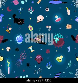Witch magic seamless pattern. Magical elements, cartoon bottle poison, crystal ball and hat. Halloween black cat and bat, nowaday vector print. Illustration of witch magic pattern background. Witch magic seamless pattern. Magical elements, cartoon bottle poison, crystal ball and hat. Halloween black cat and bat, nowaday vector print Stock Vector