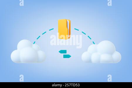 Download and cloud office 3d service concept. File sharing, yellow folder and white clouds. Digital modern technologies, vector data server scene. Illustration of backup data office service. Download and cloud office 3d service concept. File sharing, yellow folder and white clouds. Digital modern technologies, vector data server scene Stock Vector