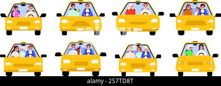 People in taxi and cabs. Isolated driver riding on road. Drivers and passengers, families and travellers. Car rent, transportation service vector set of driver car taxi with passenger illustration. People in taxi and cabs. Isolated driver riding on road. Drivers and passengers, families and travellers. Car rent, transportation service snugly vector set Stock Vector