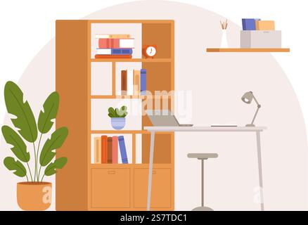 Home office interior. Flat work or study place in apartment. Bookshelf, desk with computer and giant plant. Room vector background with furniture. Illustration of work interior home. Home office interior. Flat work or study place in apartment. Bookshelf, desk with computer and giant plant. Room vector background with furniture Stock Vector