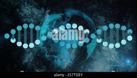 Image of digital data processing over globe and dna strand spinning Stock Photo