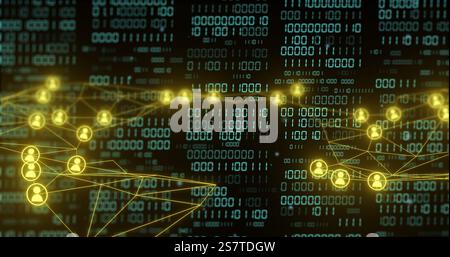 Binary code and network connections, data processing image over digital background Stock Photo