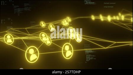 Network of connected user icons and code image over dark background Stock Photo