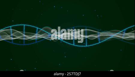 Image of dna strand over white lines on black background Stock Photo
