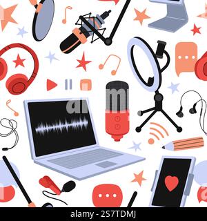 Digital seamless pattern, laptop tablet and microphone. Streaming service technology, broadcast or live radio show. Decent vector tech background of entertainment podcast, radio digital illustration. Digital seamless pattern, laptop tablet and microphone. Streaming service technology print, broadcast or live radio show. Decent vector tech background Stock Vector