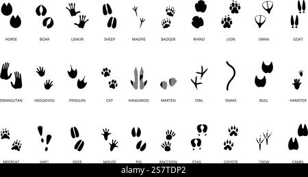 Animals steps black silhouettes. Wild animal, birds and reptile footprints. Paw goat, cat, sheep prints. Footsteps decent vector collection of footprint step paw illustration. Animals steps black silhouettes. Wild animal, birds and reptile footprints. Paw goat, cat, sheep prints. Footsteps decent vector collection Stock Vector