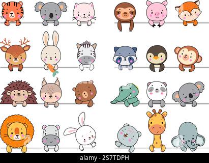 Animal looking out lines, animals funny banners for wall stickers. Koala, cat and panda, cartoon funny elephant and sloth, nowaday vector graphic of animal look illustration. Animal looking out lines, animals funny banners for wall stickers. Koala, cat and panda, cartoon funny elephant and sloth, nowaday vector graphic Stock Vector