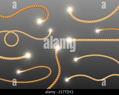Burning fire wicks, realistic bombs wick and firecracker burned cable. Lit explosive equipment, pyrotechnics and sparks. Burn rope pithy vector set of detonate stick flare and blazing illustration. Burning fire wicks, realistic bombs wick and firecracker burned cable. Lit explosive equipment, pyrotechnics and sparks. Burn rope pithy vector set Stock Vector