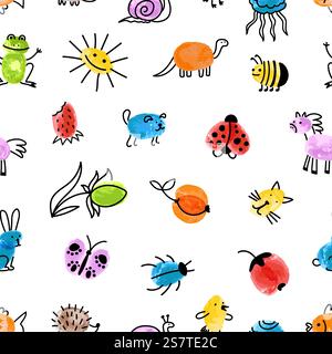 Animal child style graphic seamless pattern. Abstract kids print, fingerprints flowers. Nature, fish and dog, sun and fruits vector background of pattern reptile and dragon, dino and frog illustration. Animal child style graphic seamless pattern. Abstract kids fabric print, fingerprints flowers. Nature, fish and dog, sun and fruits vector background Stock Vector
