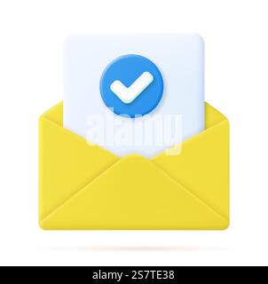 3d Render open mail Envelope with paper documents check mark icon isolated on white background. Approvement concept. Realistic symbol communication. Business news and invitations. Vector illustration. Envelope with paper documents icon. Stock Vector