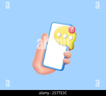 3D speech bubbles on mobile phone with alert notice. user reply sign false, correct, problem, fail chat message on social media. 3d rendering. Vector illustration. 3D speech bubbles on mobile phone Stock Vector