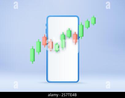 3d Candle stick graph chart of online stock market trading with mobile phone. Investment trading stock market. 3d rendering. Vector illustration. 3d Candle stick graph chart of online stock Stock Vector