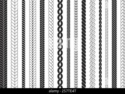 Braid lines brushes. Braided frames, knit texture seamless pattern. Rope or plait designs elements. Cord decoration border decent vector graphic set of line brush pattern decoration illustration. Braid lines brushes. Braided frames, knit texture seamless pattern. Rope or plait designs elements. Cord decoration border decent vector graphic set Stock Vector