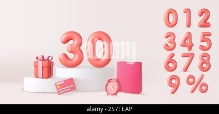 3D pink Discount numbers on podium with shopping bag and gift box. 3d rendering. Vector illustration. 3D pink Discount numbers on podium Stock Vector