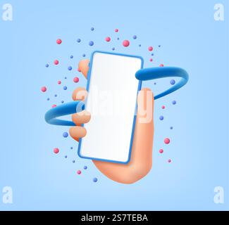 3D Cartoon hand holding phone with random floating spheres, minimal smartphone mockup. 3d rendering. Vector illustration. 3D Cartoon hand holding phone Stock Vector