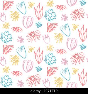 Flowers buds crayon drawn seamless pattern. Colorful floral allover background. Line art stroke botany repeat cover. Surface pattern design spring mot Stock Vector