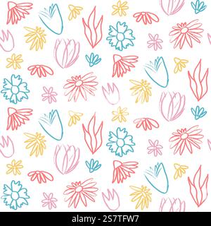 Flowers buds crayon drawn seamless pattern. Colorful floral allover background. Line art stroke botany repeat cover. Surface pattern design spring mot Stock Vector