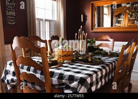 Dining room with tablecloth and festive spring centerpiece Stock Photo