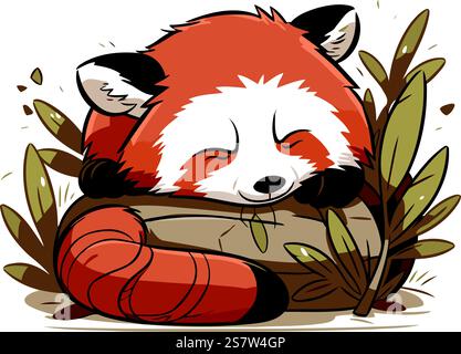 Cute red panda sleeping on a log. vector illustration. Stock Vector