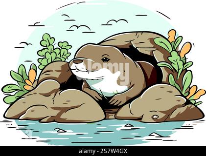 Cute otter sitting on a rock in the river. Vector illustration. Stock Vector